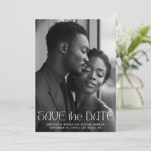 ミニマモダンリストタイポグラフィフルフォト結婚ズ セーブザデート (スタンド正面)