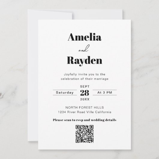 ミニマモダンリストタイポグラフィ写真Qrコード結婚s 招待状 (正面)