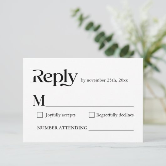 ミニマモダンリストタイポグラフィ白黒ウェディン 出欠カード (スタンド正面)