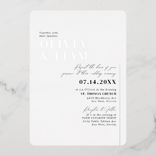 ミニマモダンリストタイポグラフィ結婚ズホワイトシルバー 箔招待状 (正面)