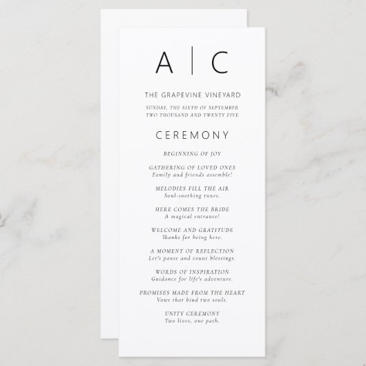 ミニマモダンリストタイポグラフィ結婚式 プログラム (正面/裏面)