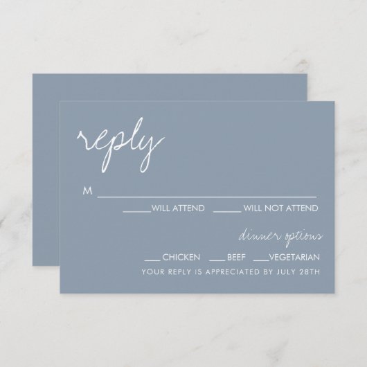 ミニマモダンリストダスティブルーウェディングRSVPカード 招待状 (正面/裏面)