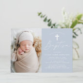 ミニマモダンリストダスティブルーフォトバプテスマ 招待状 (スタンド正面)