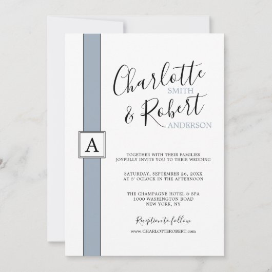 ミニマモダンリストダスティブルーモノグラム結婚ズ 招待状 (正面)