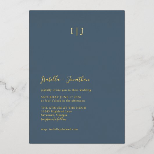 ミニマモダンリストダスティブルー結婚ズ金ゴールド  箔招待状 (正面)