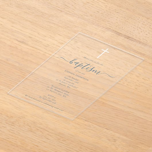 ミニマモダンリストダスティブルー《キリスト教》洗礼式や命名式バプテスマ アクリル招待状 (レイダウン)