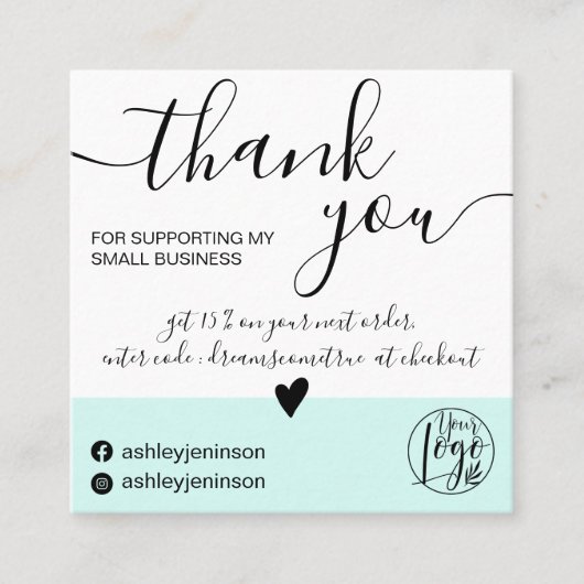 ミニマモダンリストティール（緑がかった色）ブルーのブロックの順序感謝していはあなた スクエア名刺 (正面)