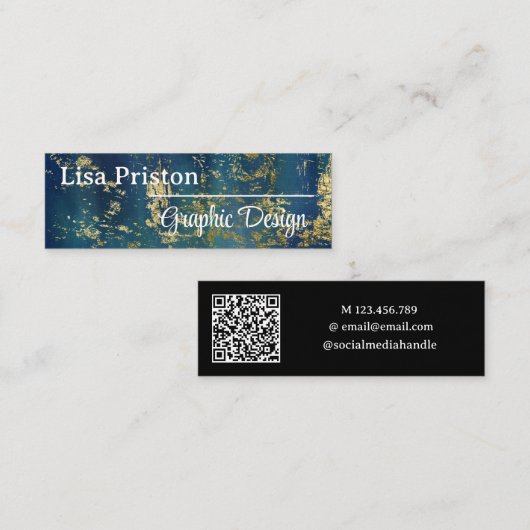 ミニマモダンリストティール（緑がかった色）金ゴールドDark QRコード スキニー名刺 (正面/裏面)