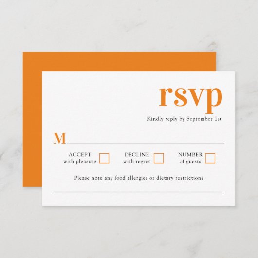 ミニマモダンリストトレンディーオレンジウェディングRSVPカード 出欠カード (正面/裏面)