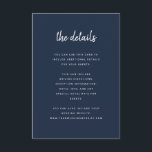 ミニマモダンリストネイビーブルーの結婚詳細 エンクロージャーカード<br><div class="desc">これらのエレガントミニマル結婚リストのゲスト情報カードは白いスクリプモダントタイポグラフィとクリーンなサンセリフの文字を備え、好きなシンプルデザインとダークネイビースタイリッシュブルーの。これらのカードは、運転方向、披露宴または交通情報、ホテルまたは宿泊施設の情報、およびゲストが知る必要があるその他の結婚詳細に使用できる。</div>