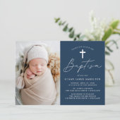 ミニマモダンリストネイビーブルーフォトバプテスマ 招待状 (スタンド正面)