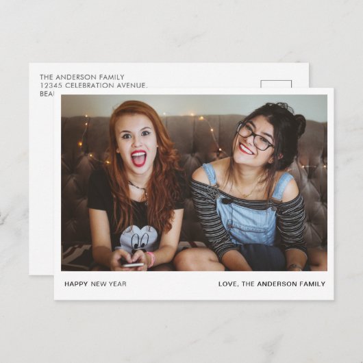 ミニマモダンリストハッピーニューイヤー写真シンプルシック シーズンポストカード (正面/裏面)
