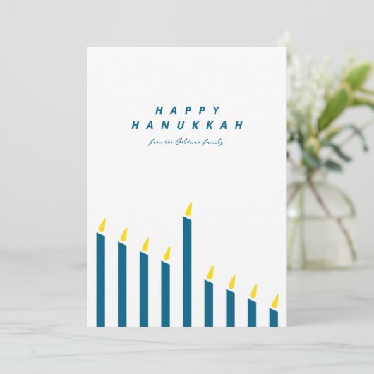 ミニマモダンリストハヌッカキャンドルホワイト&ティール(緑がかった色) シーズンカード (スタンド正面)