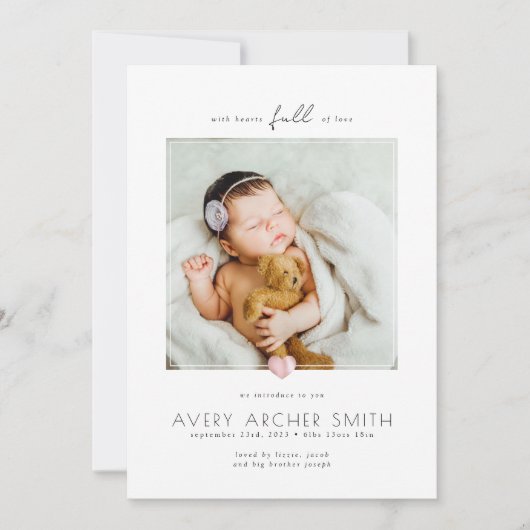 ミニマモダンリストハートフォトベビー誕生 案内状 (正面)