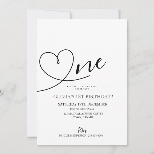 ミニマモダンリストハート最初の誕生日写真 招待状 (正面)