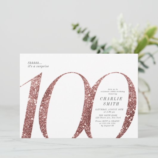 ミニマモダンリストバラ金ゴールドグリッター100歳の誕生日 招待状 (スタンド正面)