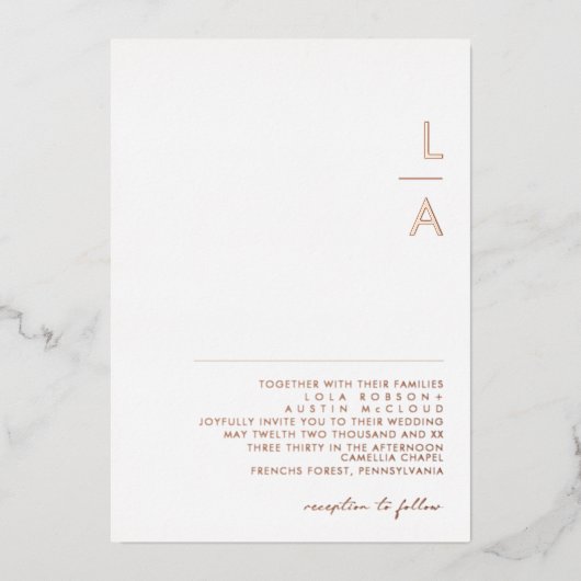 ミニマモダンリストバラ金ゴールドモノグ結婚ラム実在ズ 箔招待状 (正面)