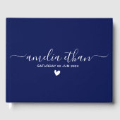 ミニマモダンリストパーソナライズされたウェディングのネイビーリネン ゲストブック (正面)