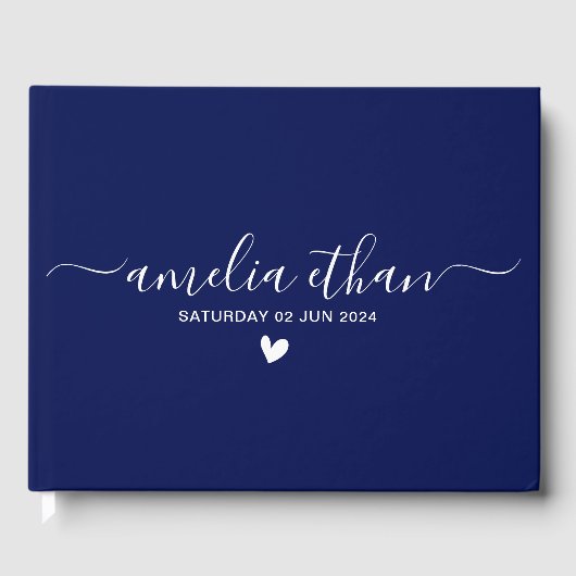 ミニマモダンリストパーソナライズされたウェディングのネイビーリネン ゲストブック (正面)