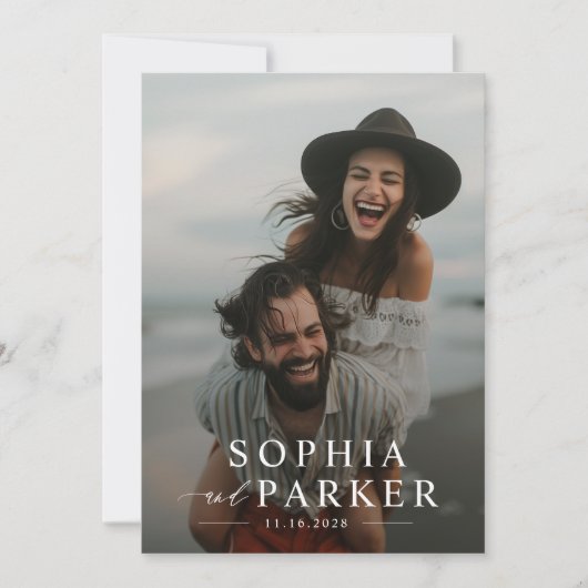 ミニマモダンリストビーチフォトオーバーレイ結婚ズ 招待状 (正面)