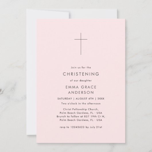 ミニマモダンリストピンクベビーガール《キリスト教》洗礼式や命名式写真 招待状 (正面)
