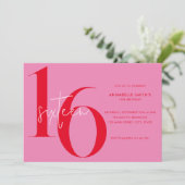 ミニマモダンリストピンクレッド16誕生日 招待状 (スタンド正面)