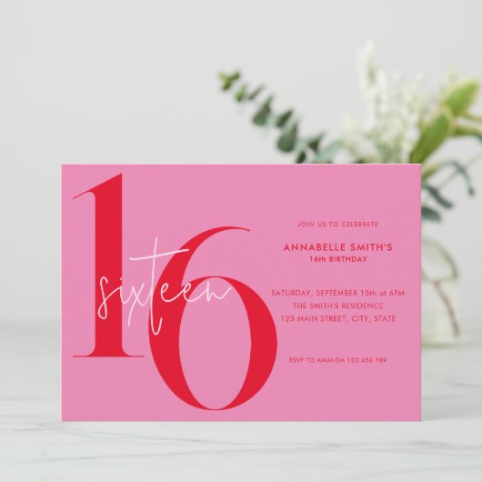 ミニマモダンリストピンクレッド16誕生日 招待状 (スタンド正面)