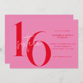 ミニマモダンリストピンクレッド16誕生日 招待状 (正面/裏面)