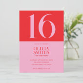 ミニマモダンリストピンクレッド16誕生日 招待状 (スタンド正面)