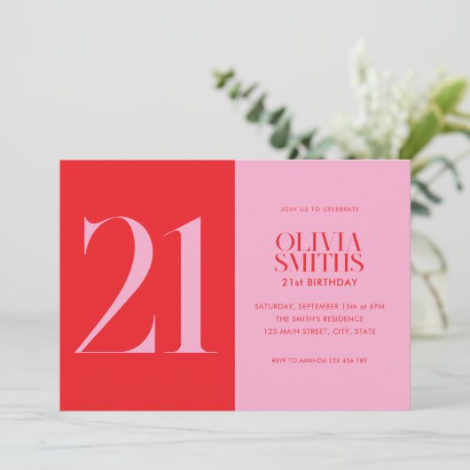 ミニマモダンリストピンクレッド21歳の誕生日 招待状 (スタンド正面)