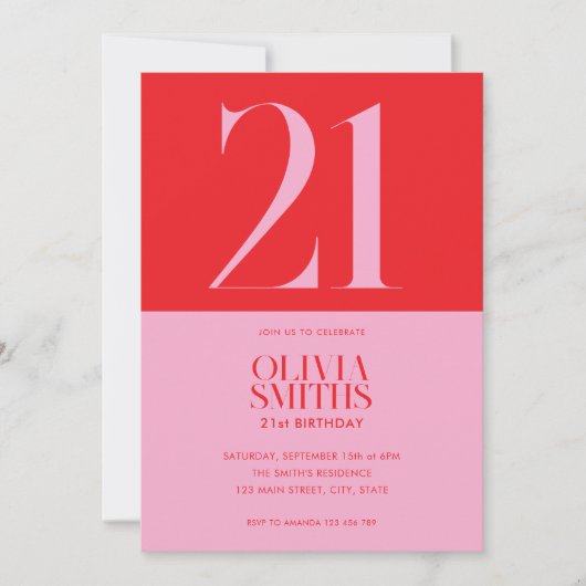 ミニマモダンリストピンクレッド21歳の誕生日 招待状 (正面)