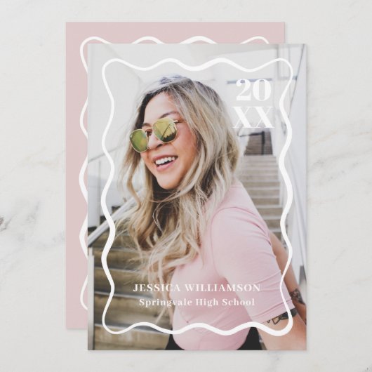 ミニマモダンリストピンク波状写真卒業パーティー 招待状 (正面/裏面)