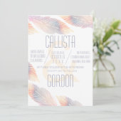 ミニマモダンリストピーチ虹色結婚羽毛 招待状 (スタンド正面)