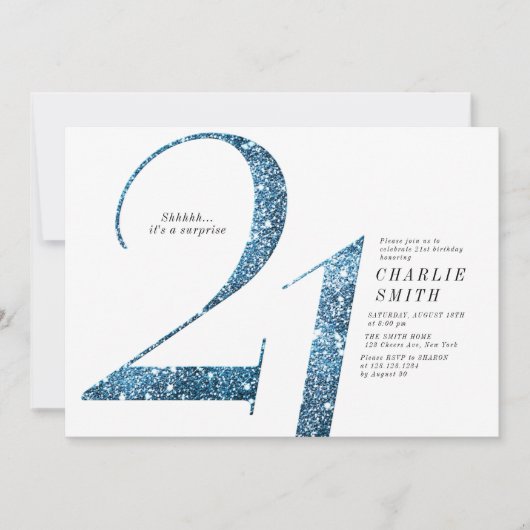ミニマモダンリストフェイクブルーグリッター21歳の誕生日 招待状 (正面)