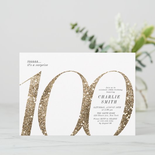 ミニマモダンリストフェイク金ゴールドグリッター100歳の誕生日 招待状 (スタンド正面)