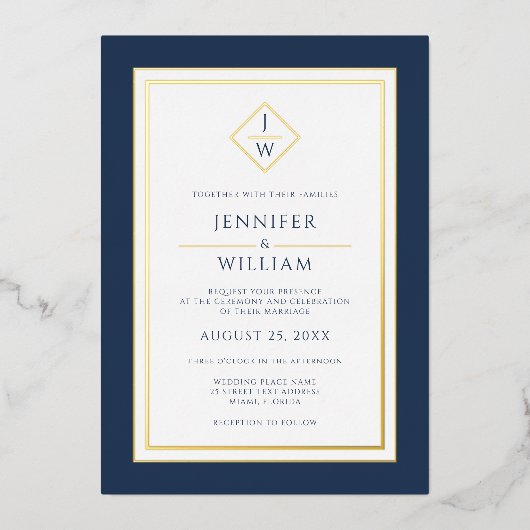 ミニマモダンリストフォーマルクラシックイニシャルブルー 箔招待状 (正面)