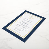 ミニマモダンリストフォーマルクラシックイニシャルブルー 箔招待状 (回転した状態)