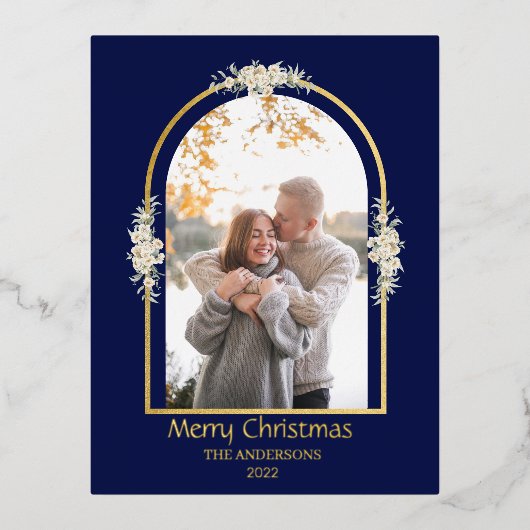 ミニマモダンリストフローラアーチ写真王室の青 箔シーズンポストカード (正面)