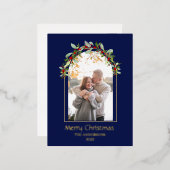 ミニマモダンリストフローラアーチ写真青 箔シーズンポストカード (正面/裏面)