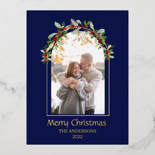 ミニマモダンリストフローラアーチ写真青 箔シーズンポストカード (正面)