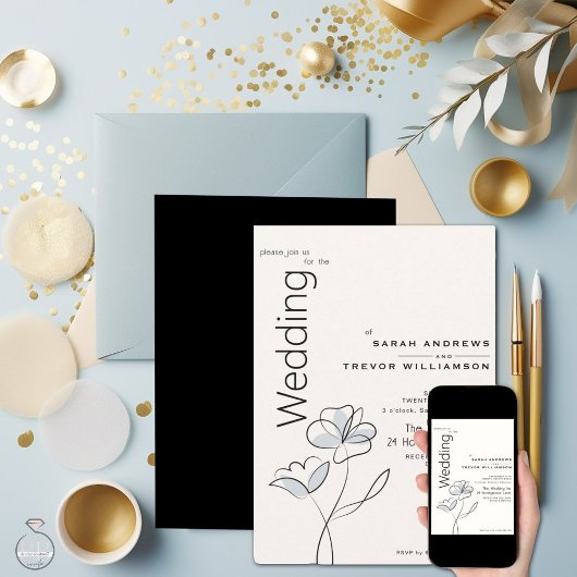 ミニマモダンリストフローラダスティブルーとバフ 招待状