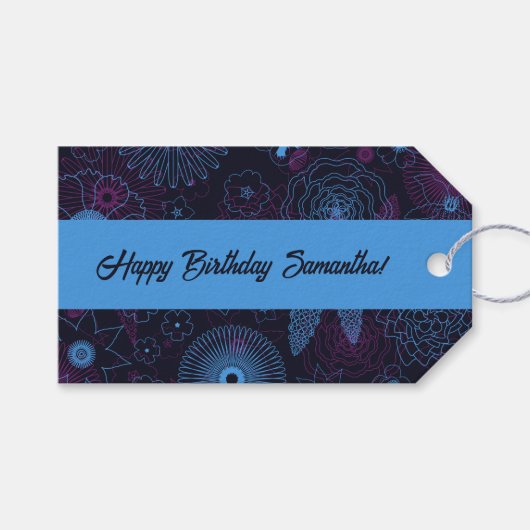 ミニマモダンリストフローラブルー&パープルパターン ギフトタグ (正面(横))