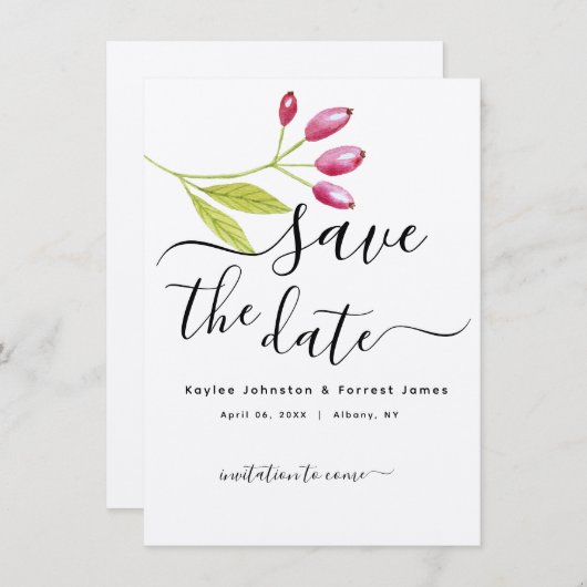 ミニマモダンリストフローラ結婚式の日付を保存 招待状 (正面/裏面)