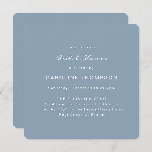 ミニマモダンリストブライダルシャワースクエアダスティブルー 招待状 (正面/裏面)