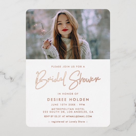 ミニマモダンリストブライダルシャワー写真 箔招待状 (正面)