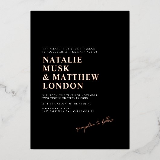 ミニマモダンリストブラックとホイ実在ルの結婚ズ 箔招待状 (正面)
