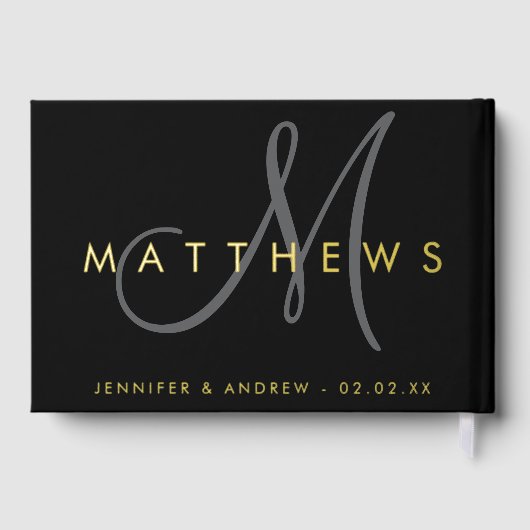 ミニマモダンリストブラックグレーモノグラム結婚の金ゴールド ゲストブック (裏面)
