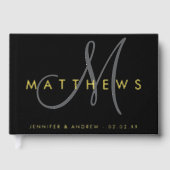 ミニマモダンリストブラックグレーモノグラム結婚の金ゴールド ゲストブック (正面)