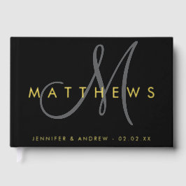 ミニマモダンリストブラックグレーモノグラム結婚の金ゴールド ゲストブック