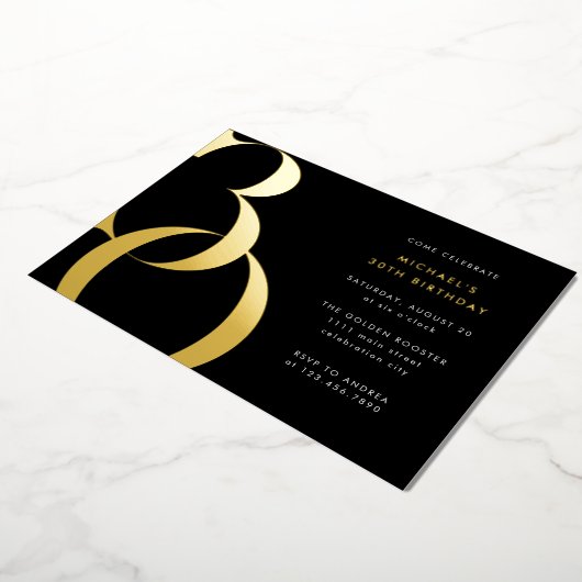 ミニマモダンリストブラック金ゴールド30th誕生日パーティー 箔招待状 (回転した状態)